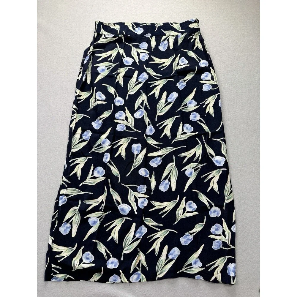 Hillard & Hanson Women’s 1X Blue Floral Rayon Maxi Skirt Made in USA Plus